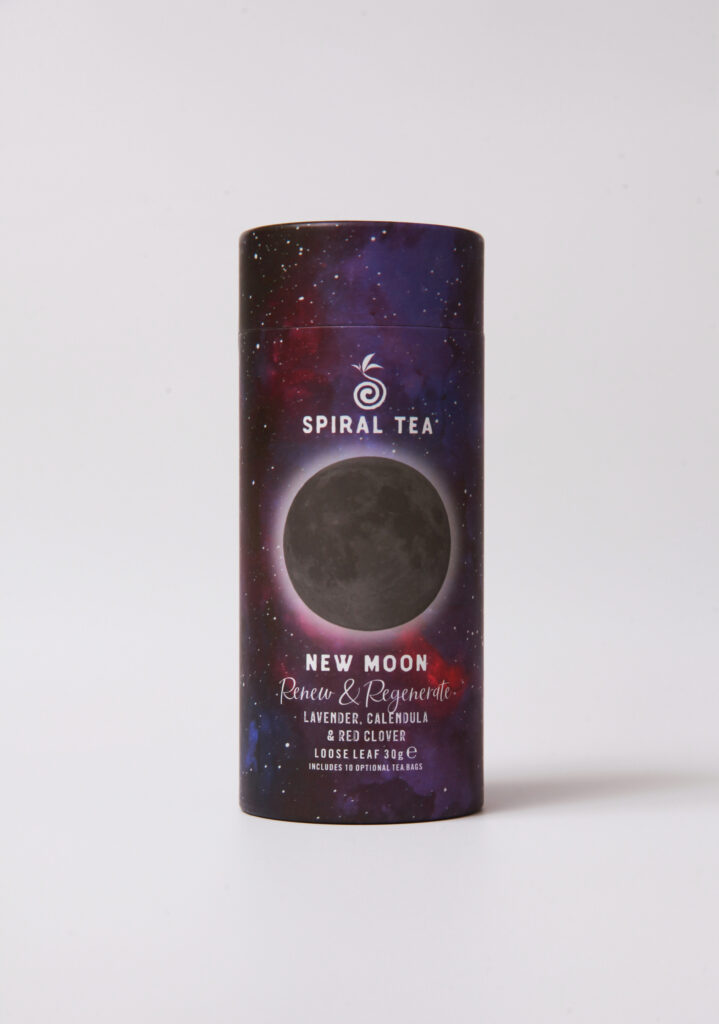 new moon herbal tea blend in tube packaging with galaxy design